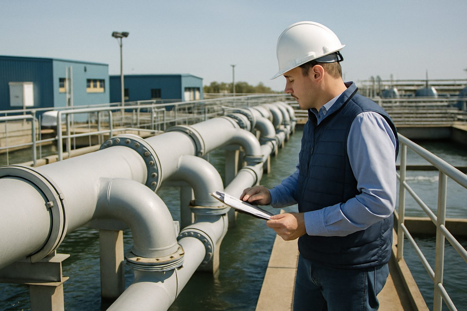 Engineer in a hard hat inspecting pipes at a modern water treatment plant on a clear day