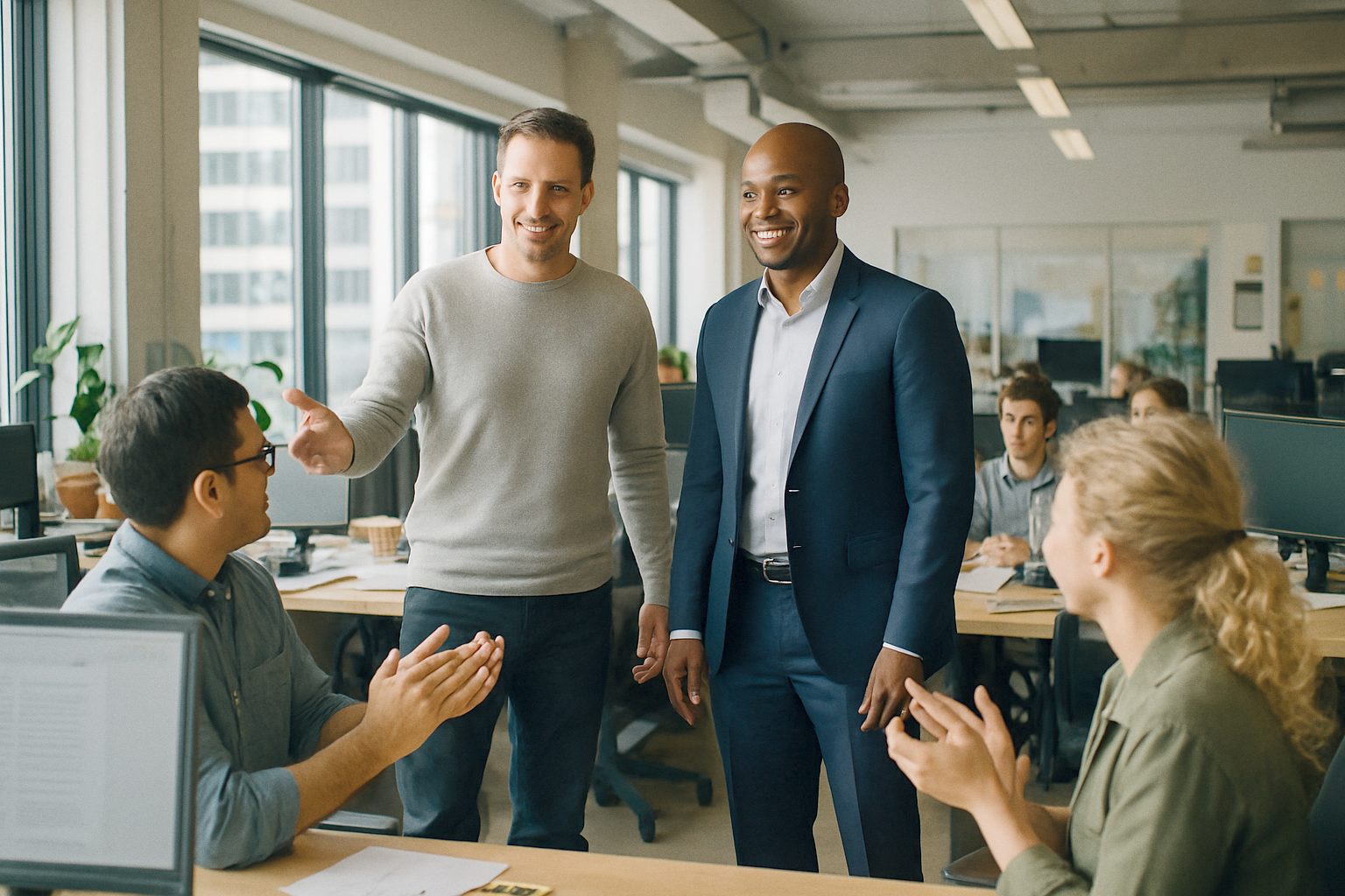 Founder introducing a new CEO to the team in an open-plan startup office