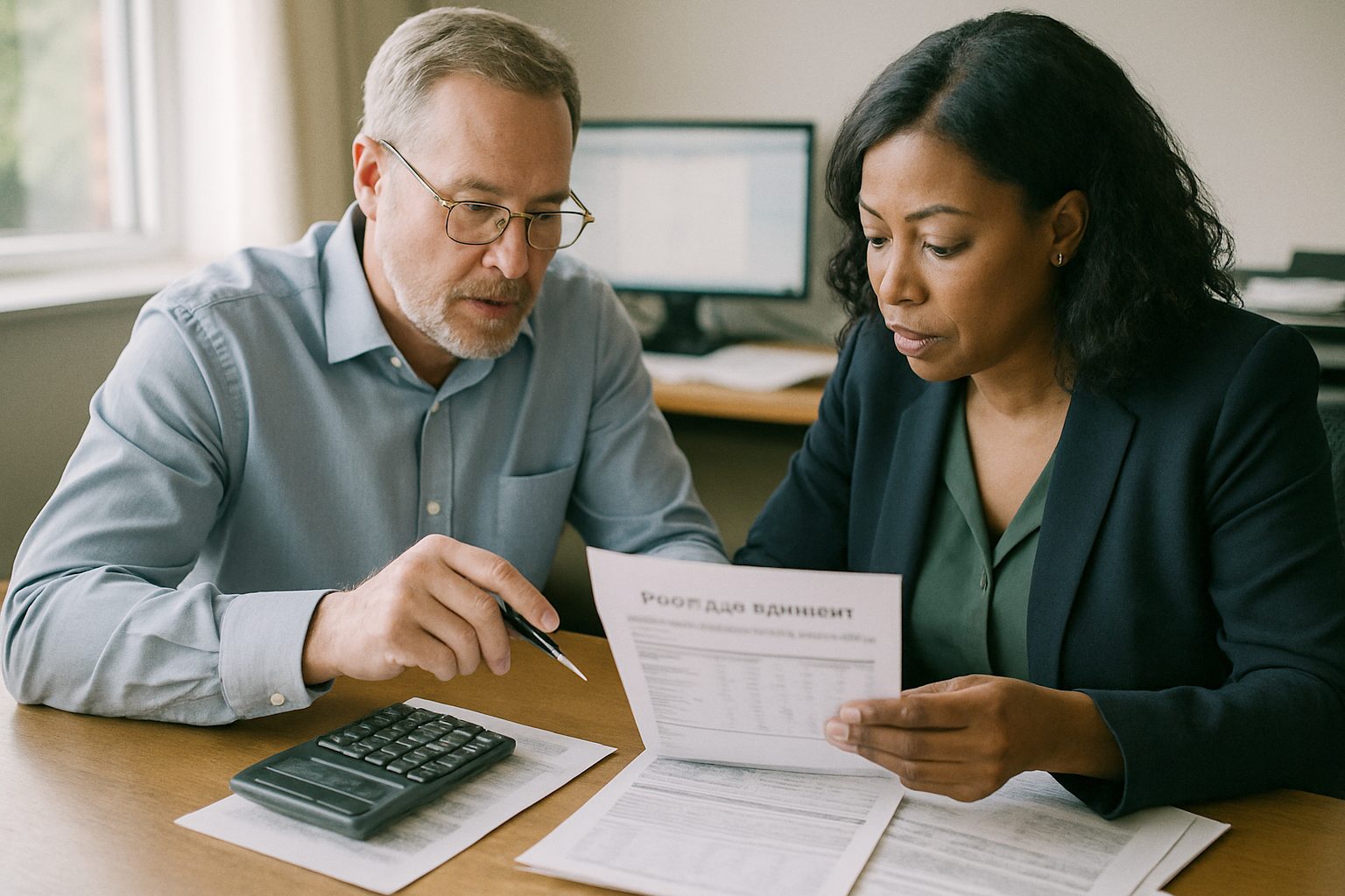 Accountant and investor reviewing a portfolio statement together at a desk, calculator and papers