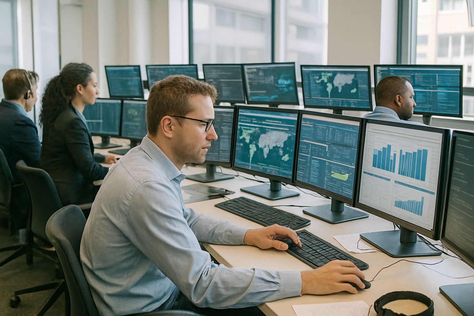 Security analysts working at multiple monitors in a bright modern security operations centre