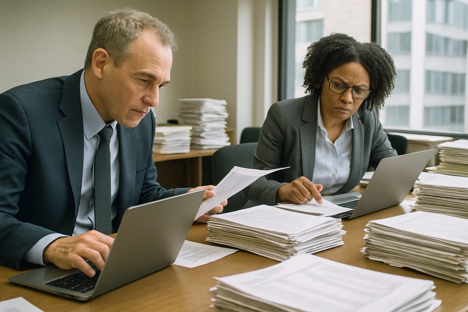 Forensic auditors examining stacks of financial records and laptops in a conference room