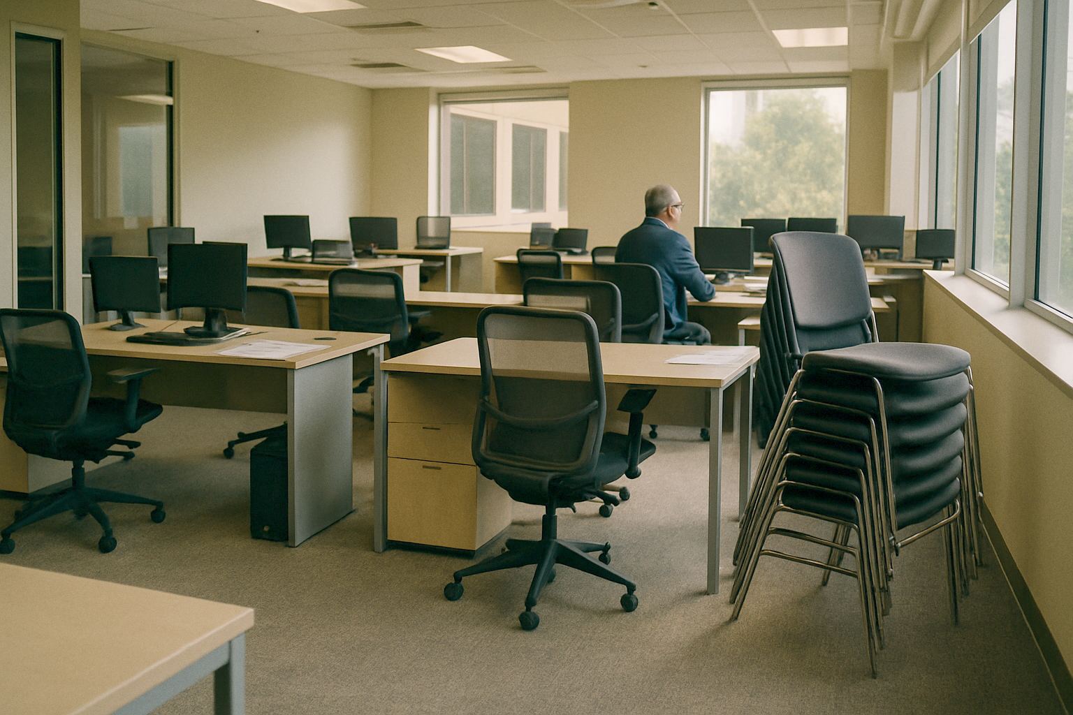 Quiet, half-empty venture fund office with unused desks and stacked chairs, afternoon light