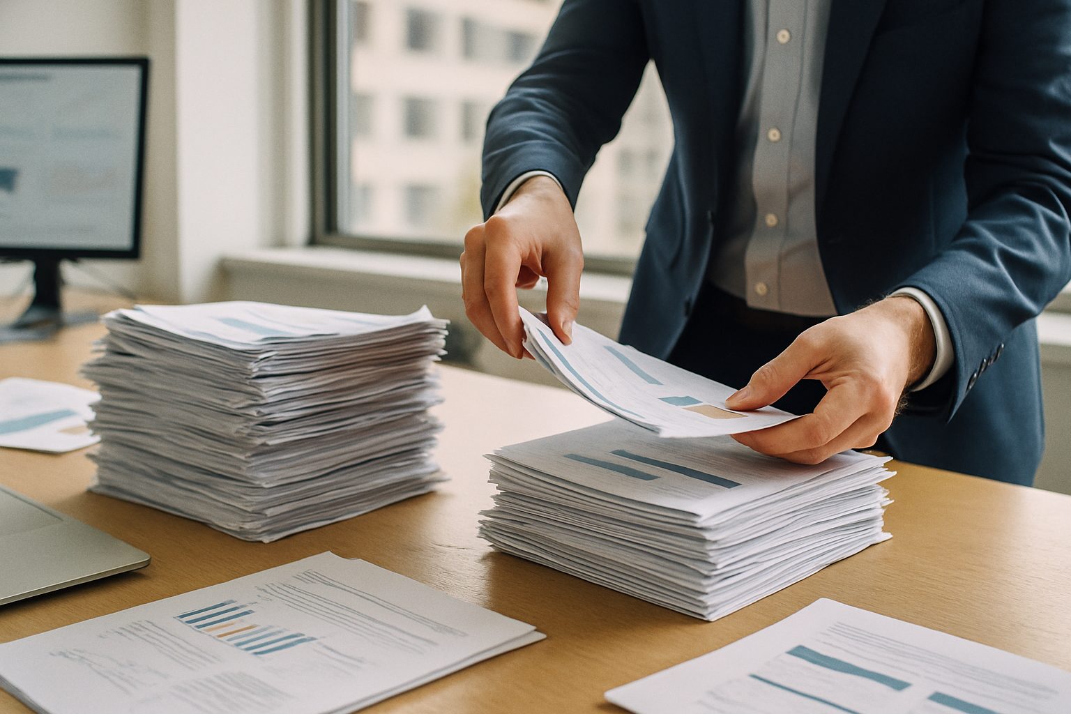 Analyst sorting a large stack of pitch decks into a small selected pile on a bright office table