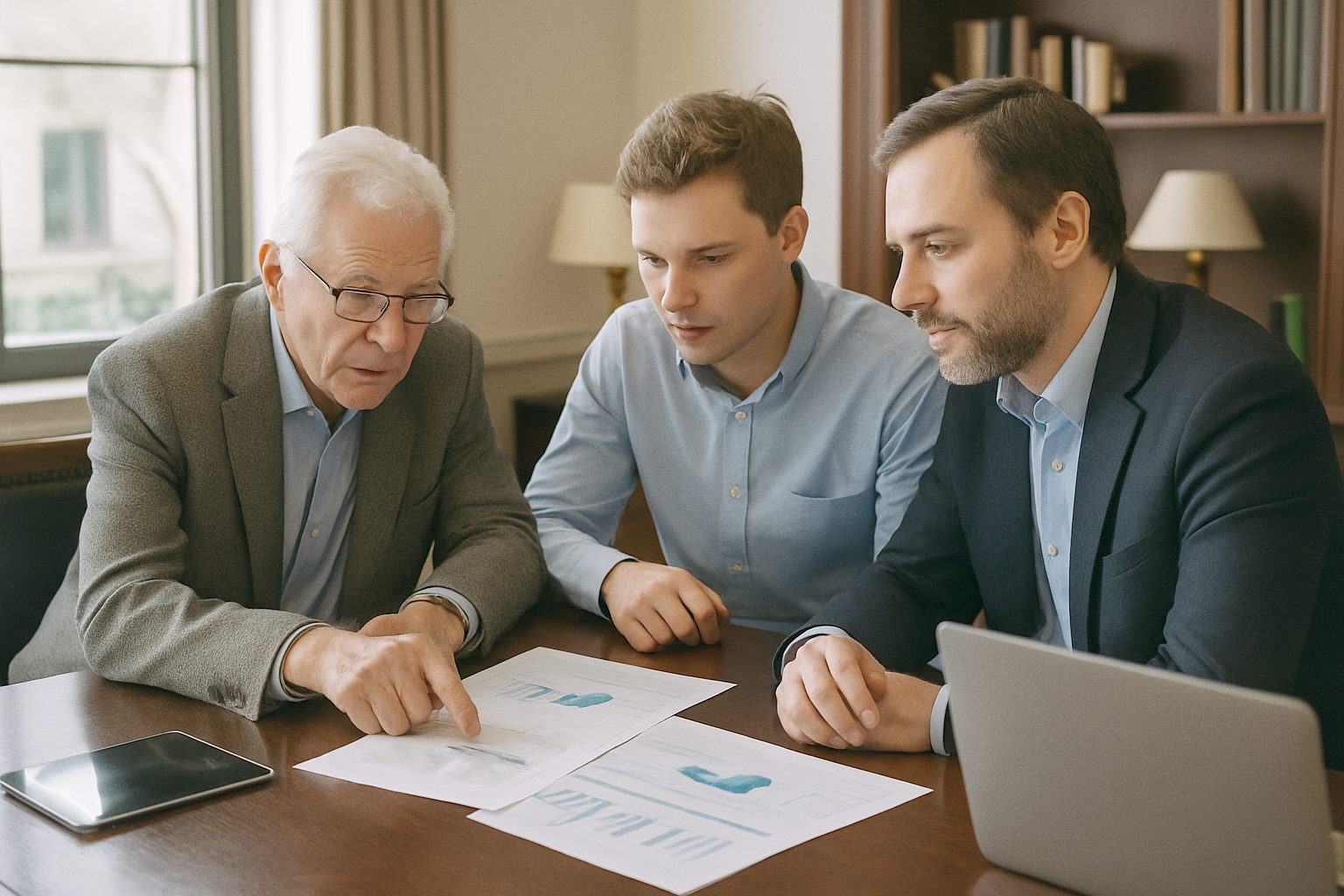 Family office team of three generations reviewing investment options at a table in an elegant private office