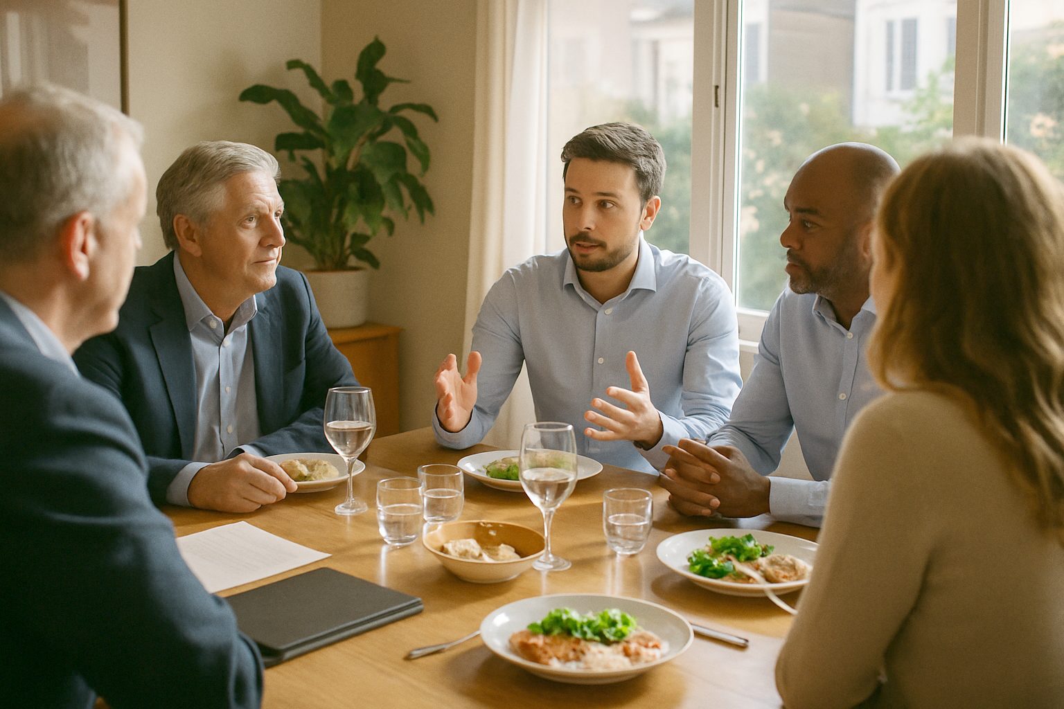 Small group of investors seated around a founder at a private dinner table, warm natural light