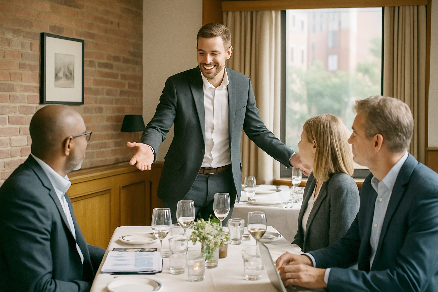 Host welcoming investors to a beautifully set private dinner table in a restaurant's private room
