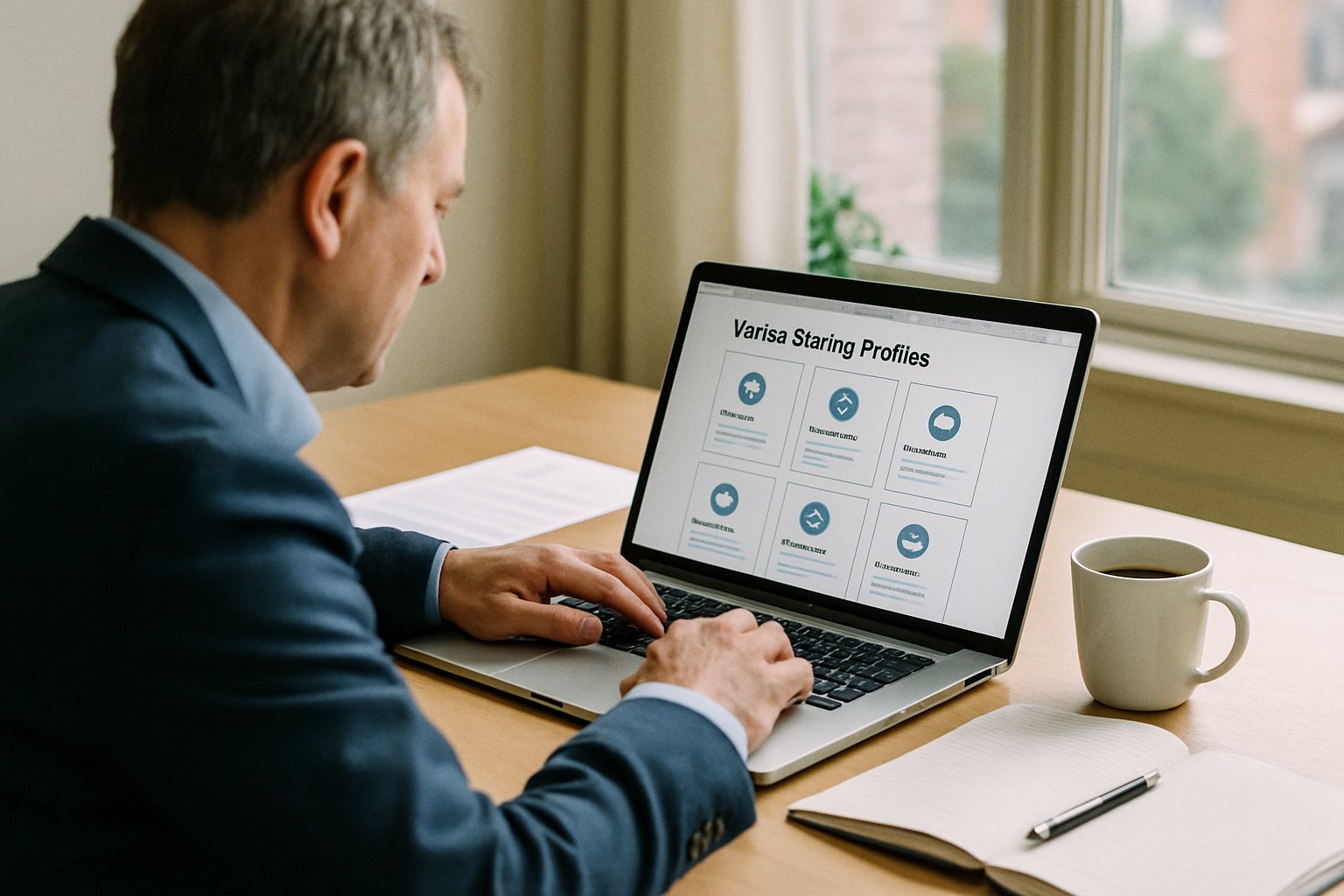 Investor at a desk reviewing a short list of vetted startup profiles on a laptop, notebook and coffee beside it