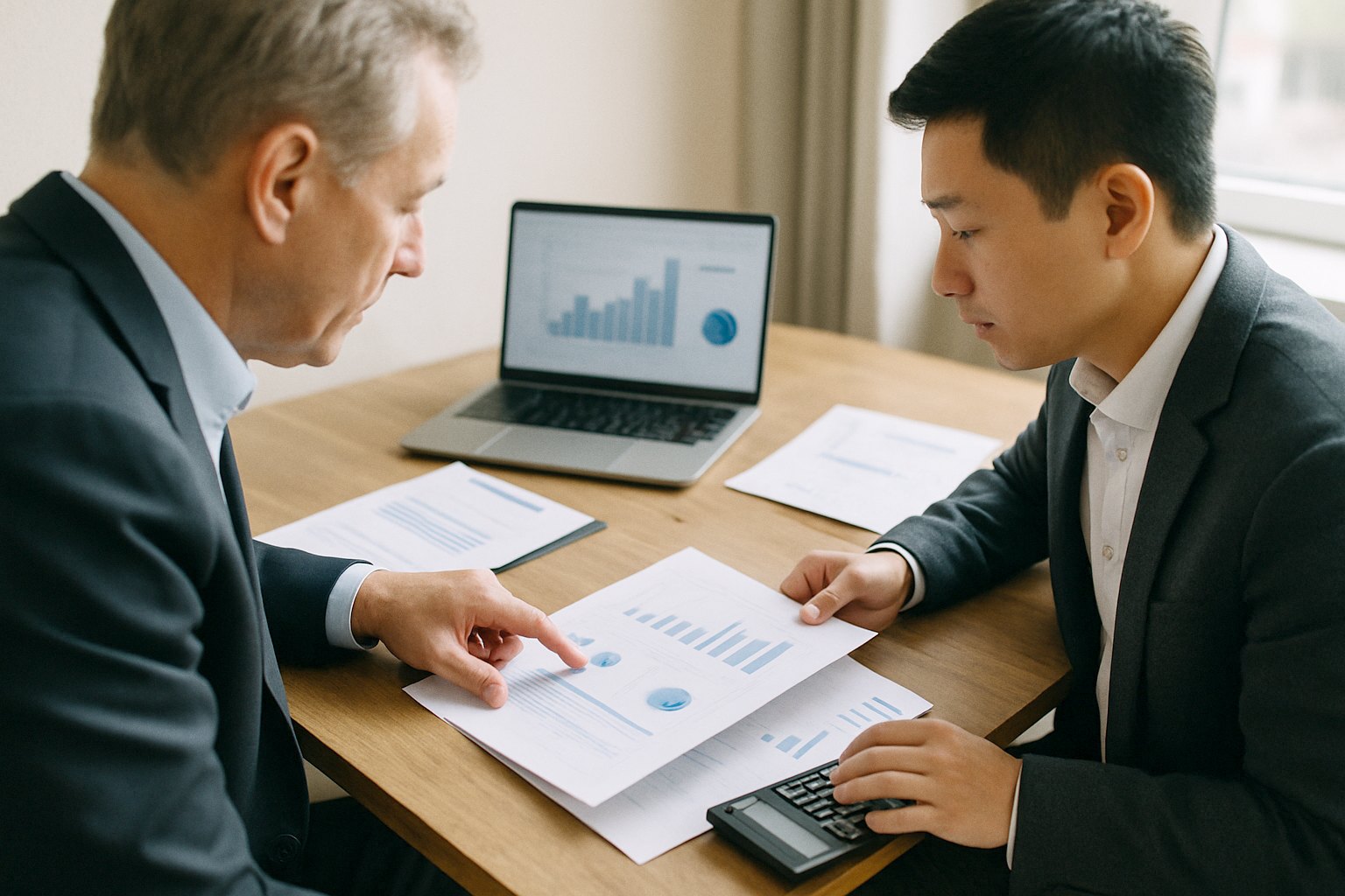 Investor and advisor checking a startup's financial documents together at a desk with a laptop and calculator