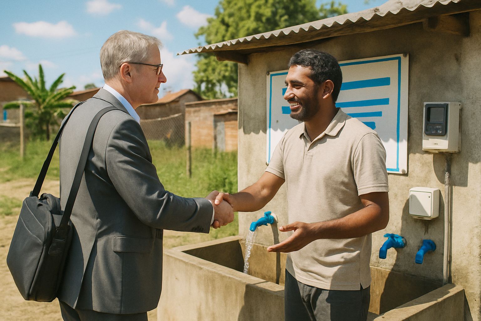 Investor visiting a community clean-water project with a local entrepreneur on a sunny day