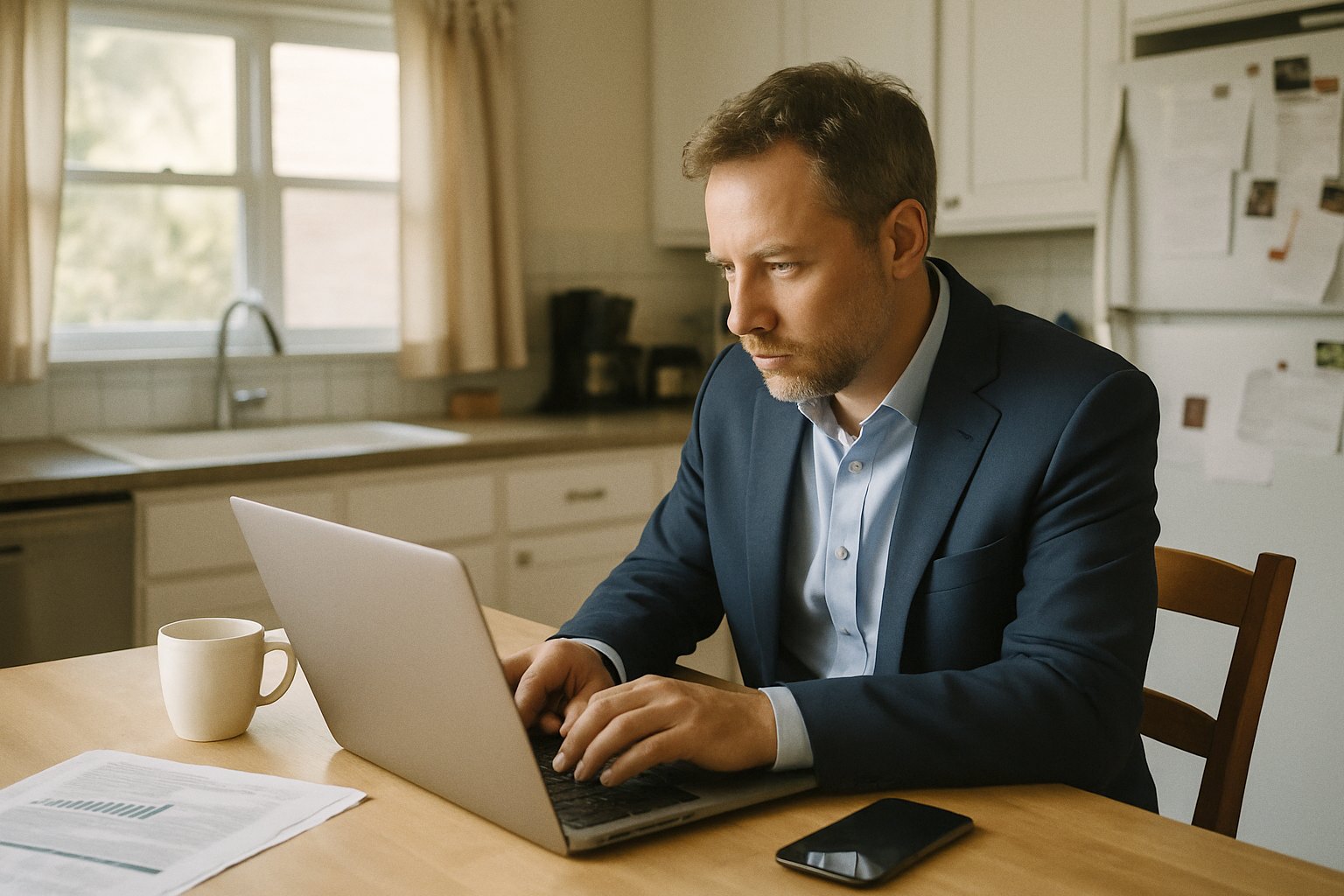 Founder writing a follow-up email on a laptop at a kitchen table the morning after an event