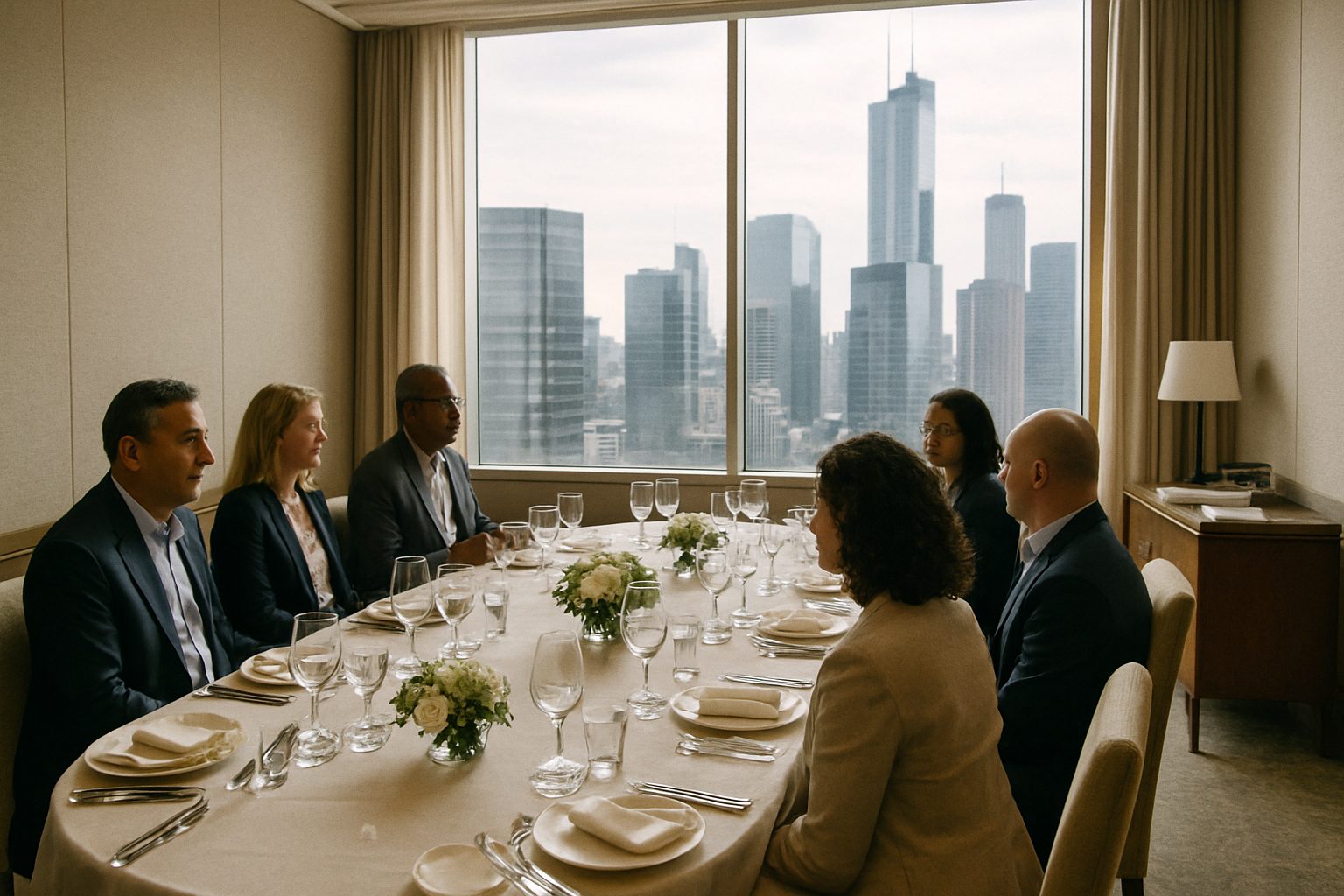Elegant private dining room set for an investor dinner, with a large window looking onto a modern city skyline