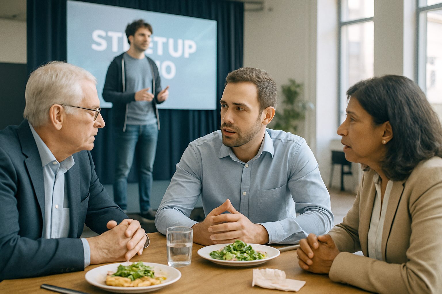 Founder speaking with investors across a dinner table, a startup demo stage visible in the background