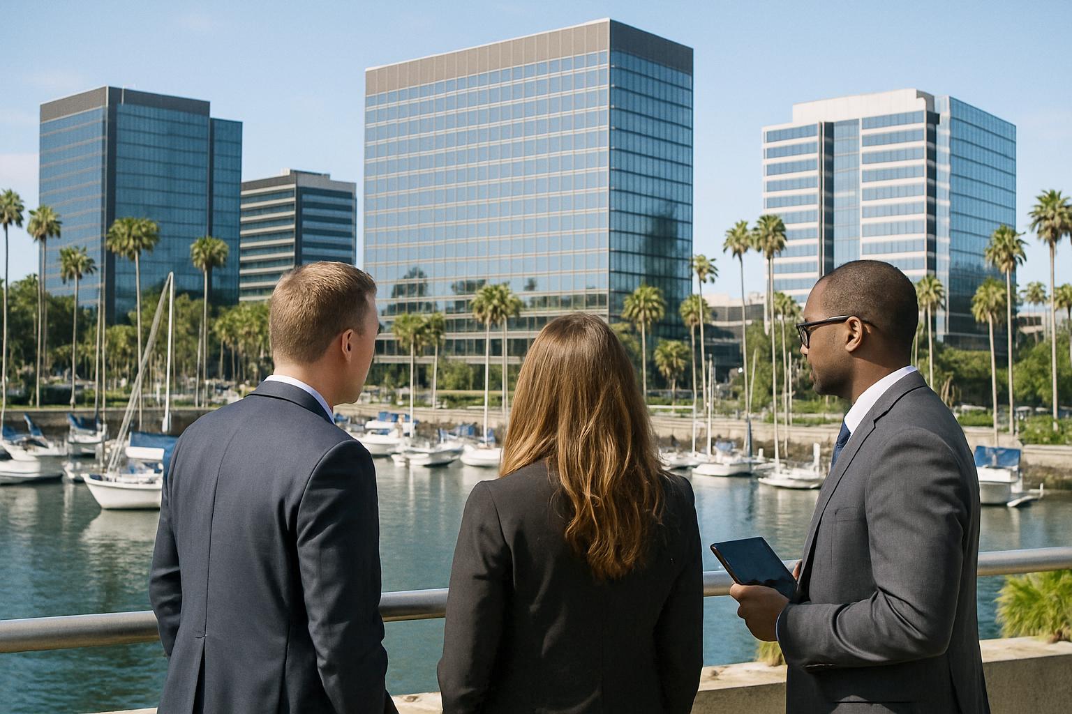 Modern office buildings near a sunny Southern California harbor with sailboats and palm trees