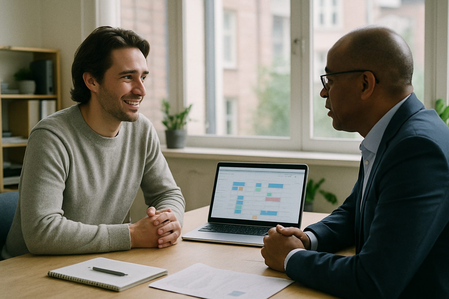 Founder meeting an investor relations advisor in a bright office, laptop open with a meeting calendar