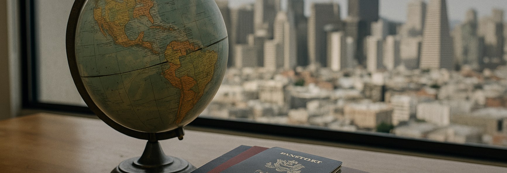 a world globe, a small stack of passports from different countries and a leather notebook on a wooden desk, with the San