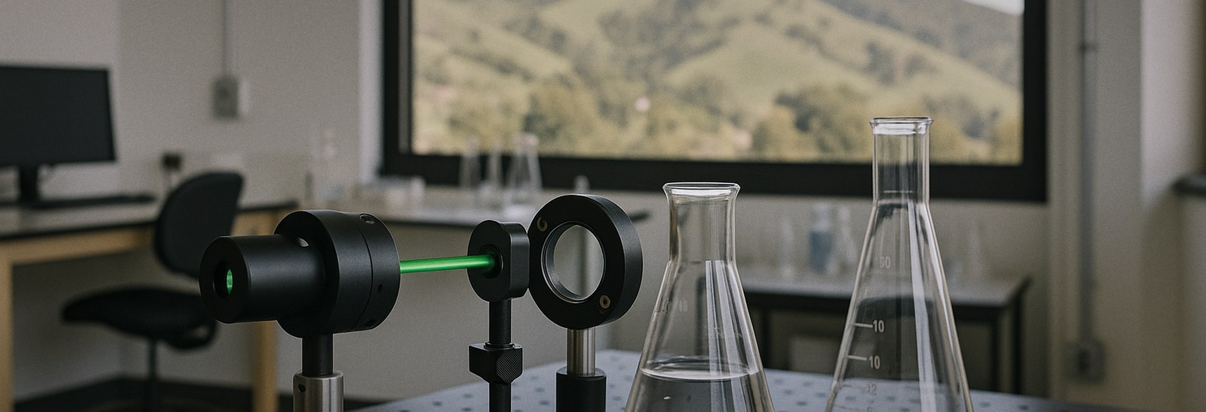 a close-up of a scientific instrument, laser optics and lab glassware on a research bench, with the green Berkeley hills