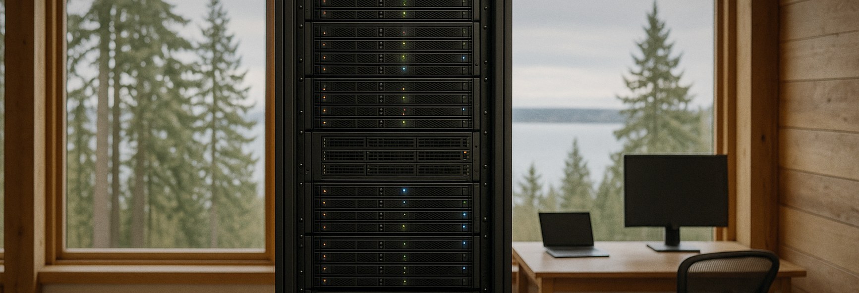 a server rack with soft status lights in a timber-framed office, with evergreen trees and Puget Sound behind