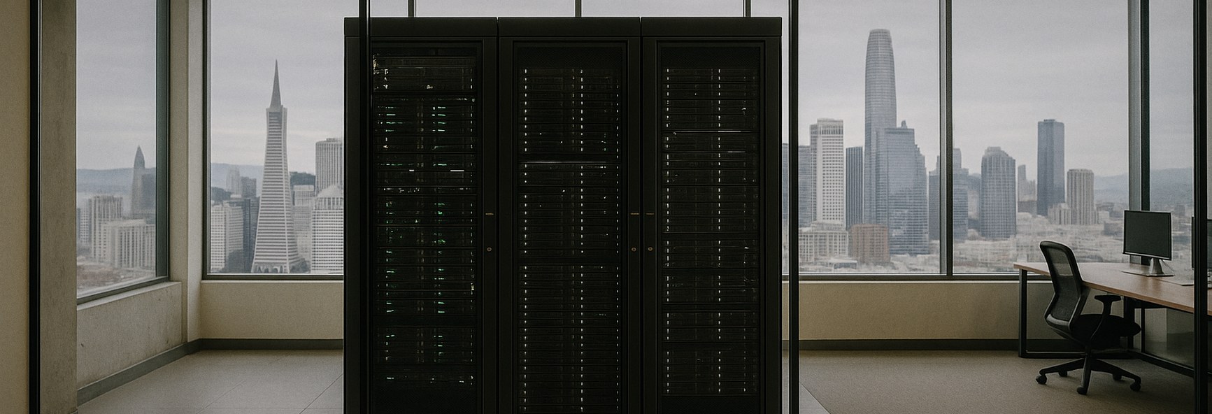 a sleek enterprise server room seen through a glass wall, with the San Francisco skyline outside