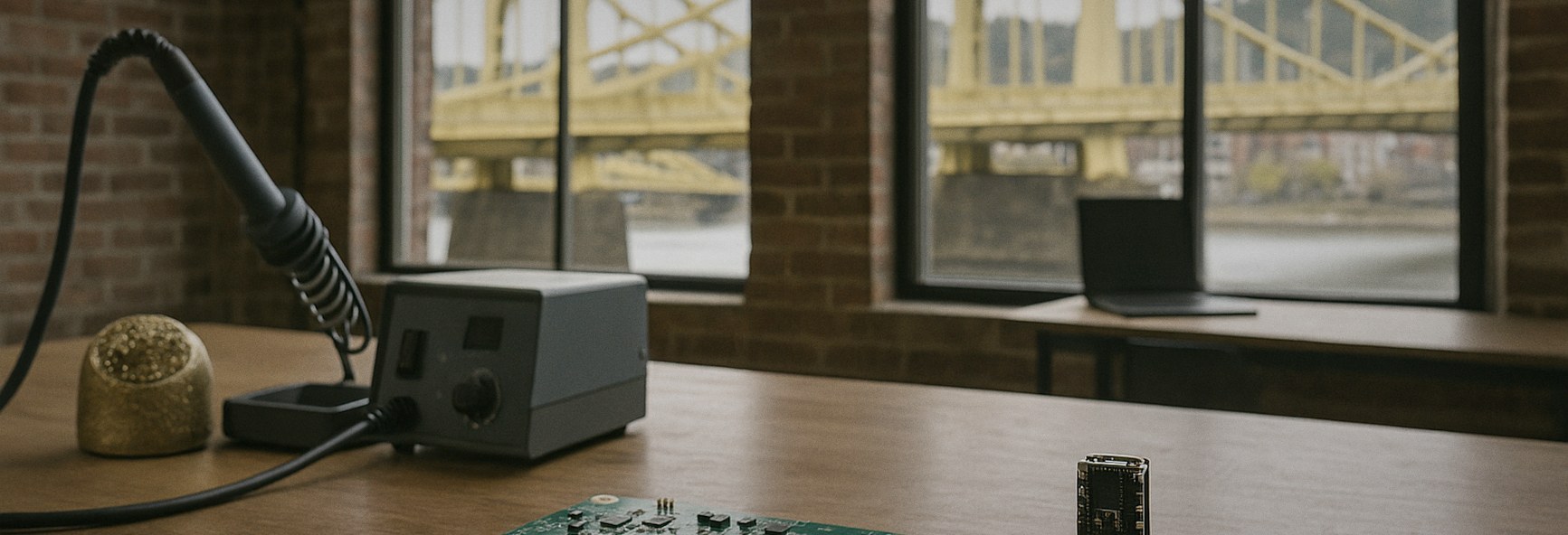 a circuit board, a soldering station and a small hardware prototype on a workbench in a brick warehouse, with Pittsburgh