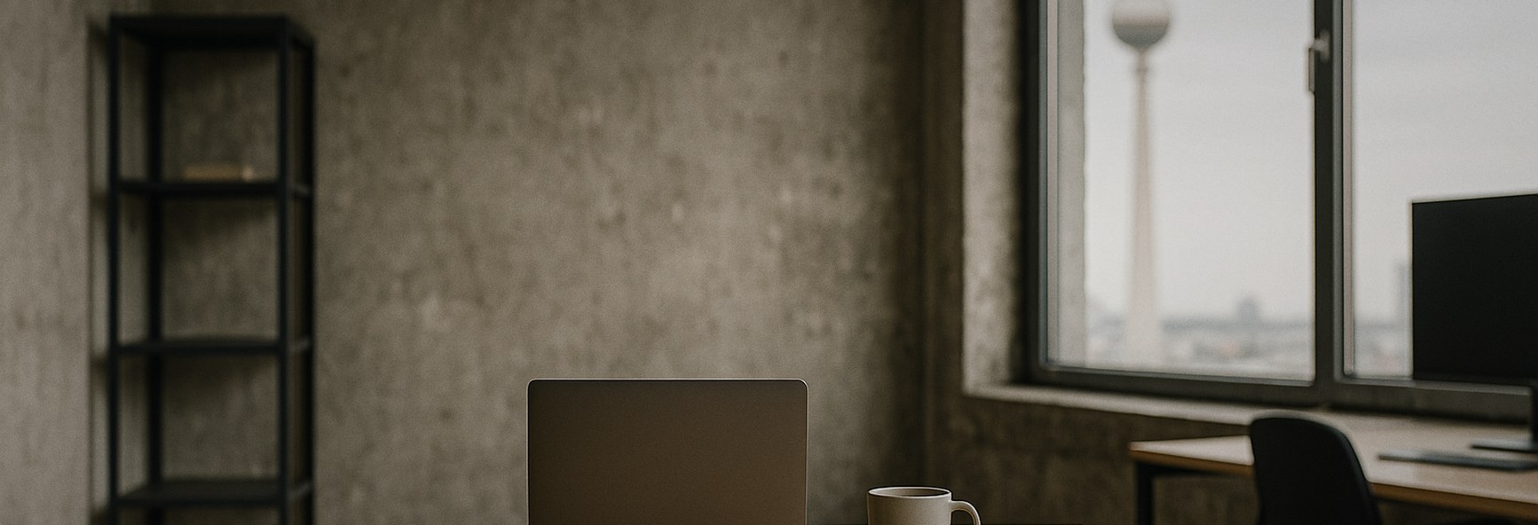 a single desk with a closed laptop and a coffee cup in a concrete Berlin loft, with the Berlin TV tower blurred outside