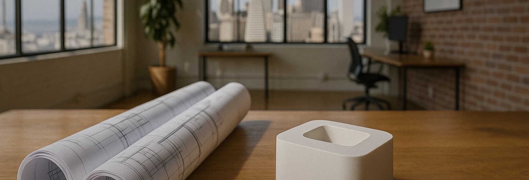 architectural blueprints rolled up next to a model of a product on an oak desk, in a sunny San Francisco studio