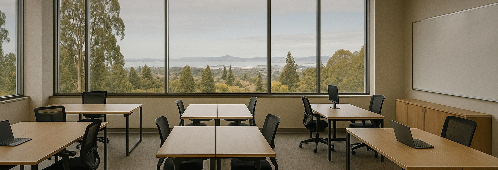 a modern university innovation space with shared desks, with Berkeley campus trees and the bay in the distance
