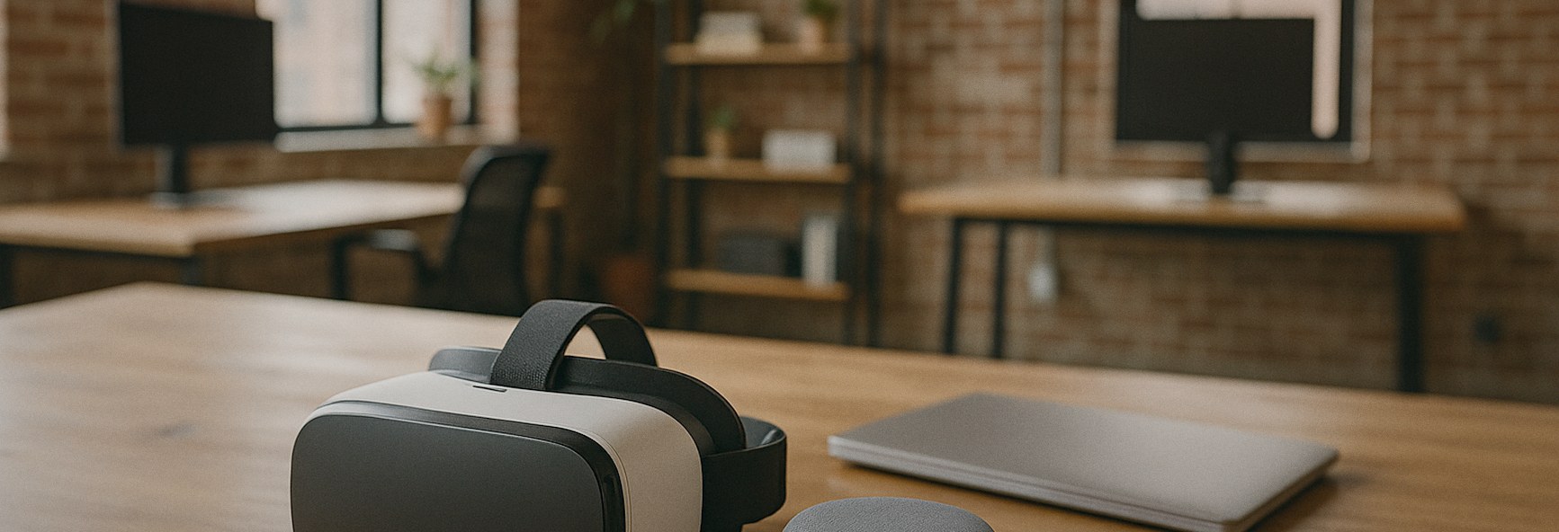 a virtual reality headset, a smart speaker and other new tech devices on a wooden table in a brick-walled New York studi