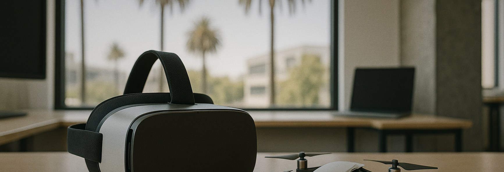 a virtual reality headset and a small drone on a desk, with San Mateo palm trees outside
