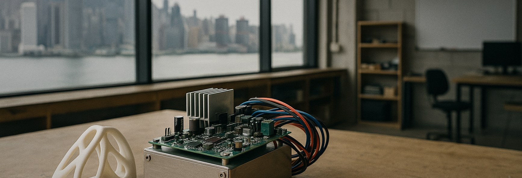 a hardware prototype, a 3D-printed part and a plant-based food sample on a workshop bench, with Hong Kong harbour towers