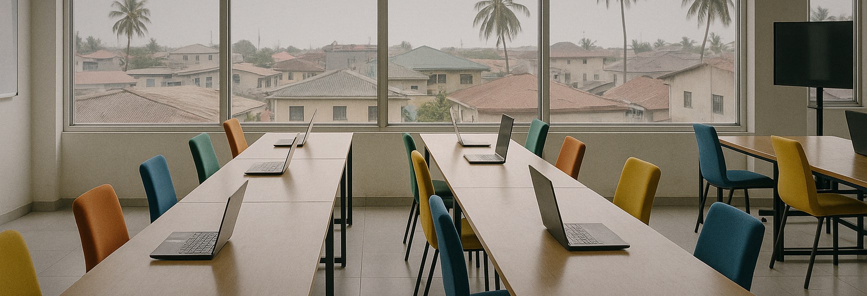 colourful furniture and laptops on shared desks in a bright innovation hub, with Lagos rooftops and palm trees outside