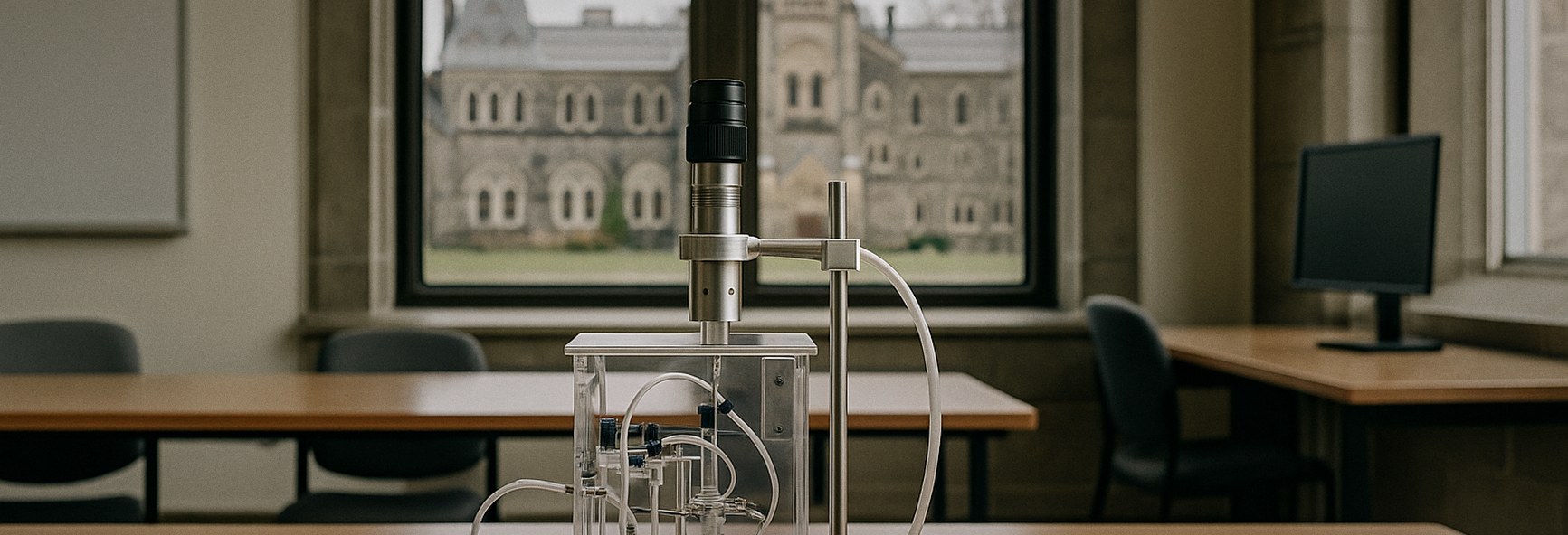 a scientific device prototype on a seminar table, with Toronto's university stone buildings outside