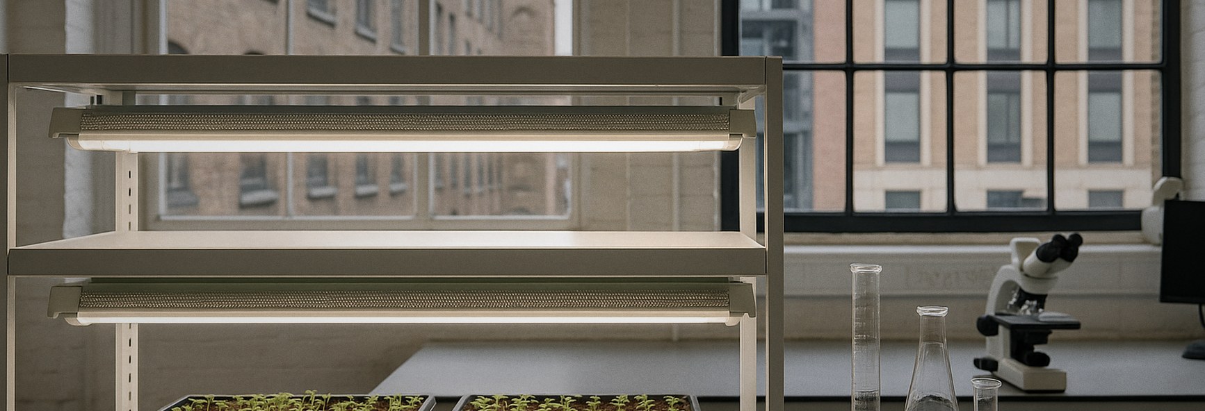 plant trays under grow lights beside pharmaceutical glassware on a lab bench in London
