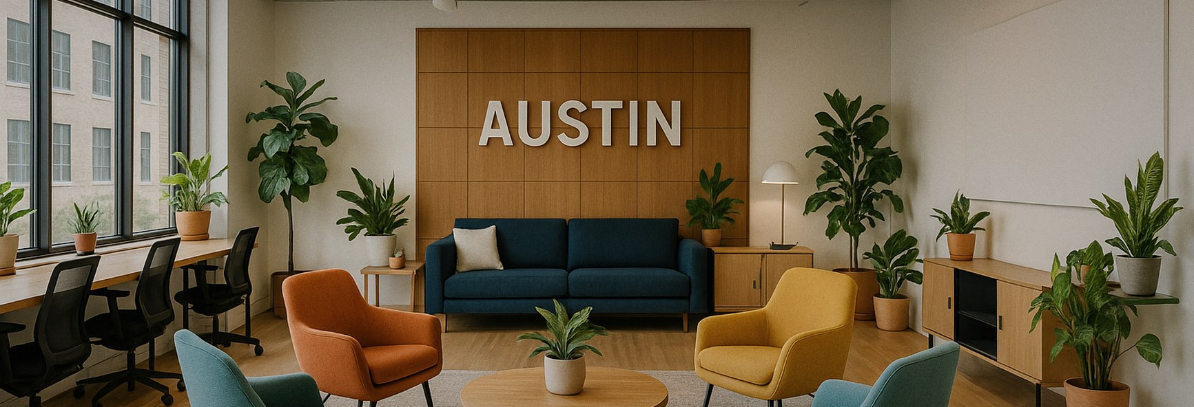 a bright, welcoming Austin coworking lounge with colourful chairs and plants