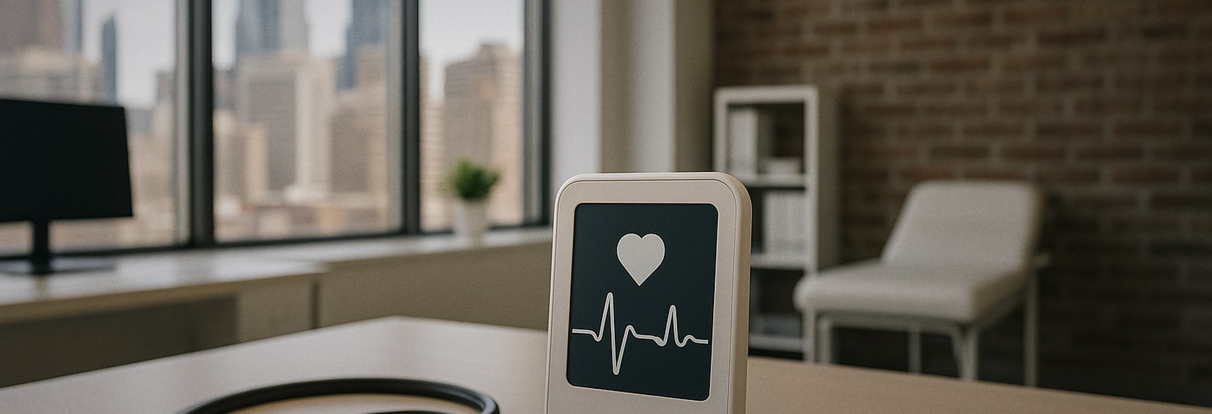 a digital health device next to a stethoscope on a desk in a modern Philadelphia clinic