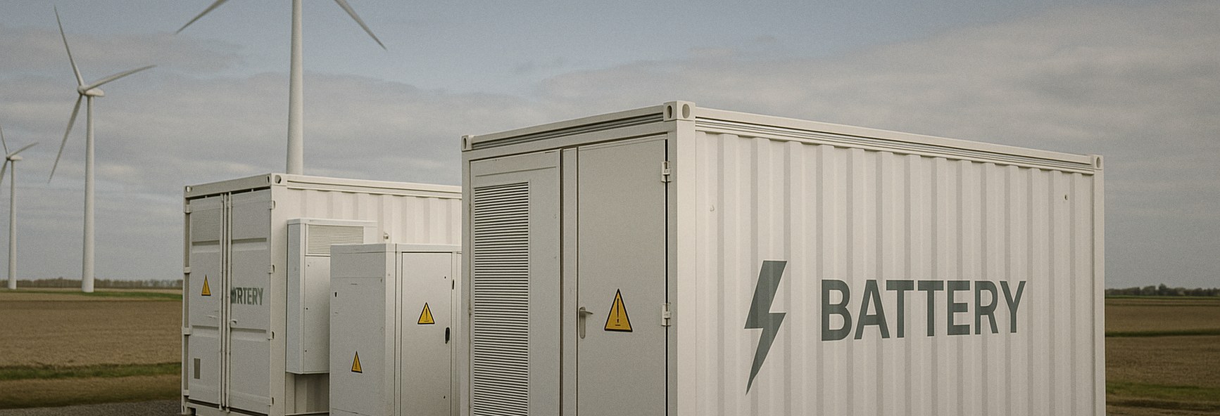 large battery energy storage units beside wind turbines on flat Dutch farmland