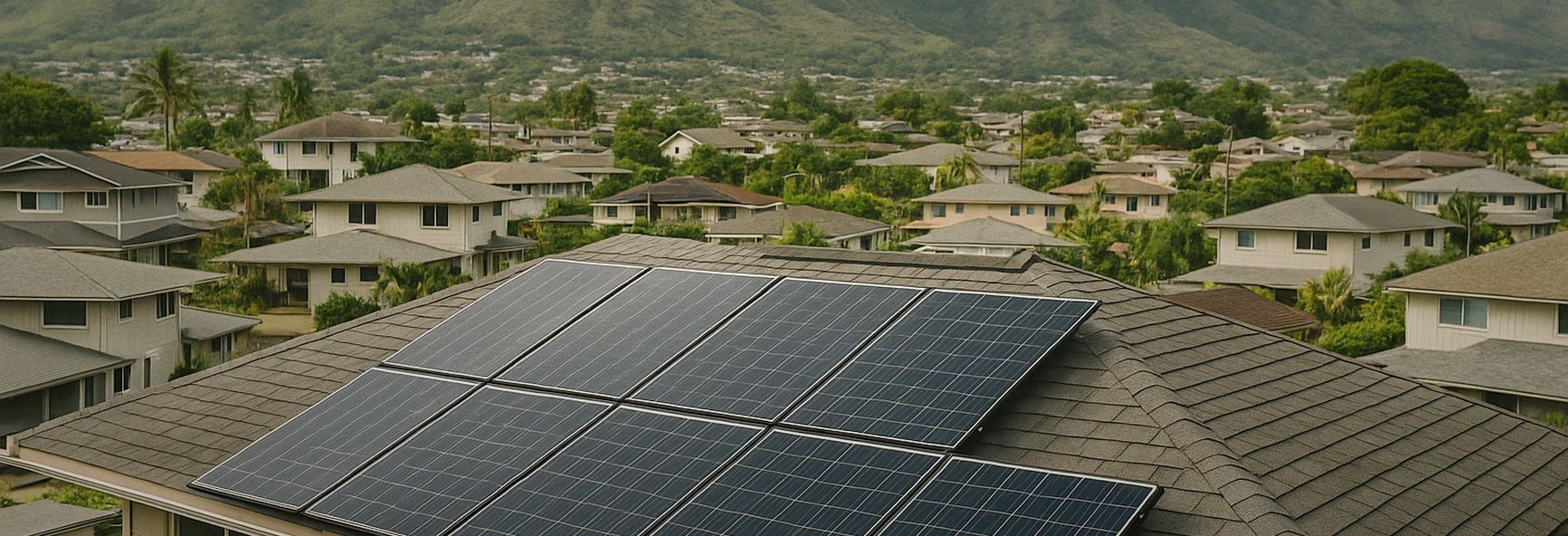 rooftop solar panels on homes in a Honolulu neighbourhood, with green volcanic mountains behind