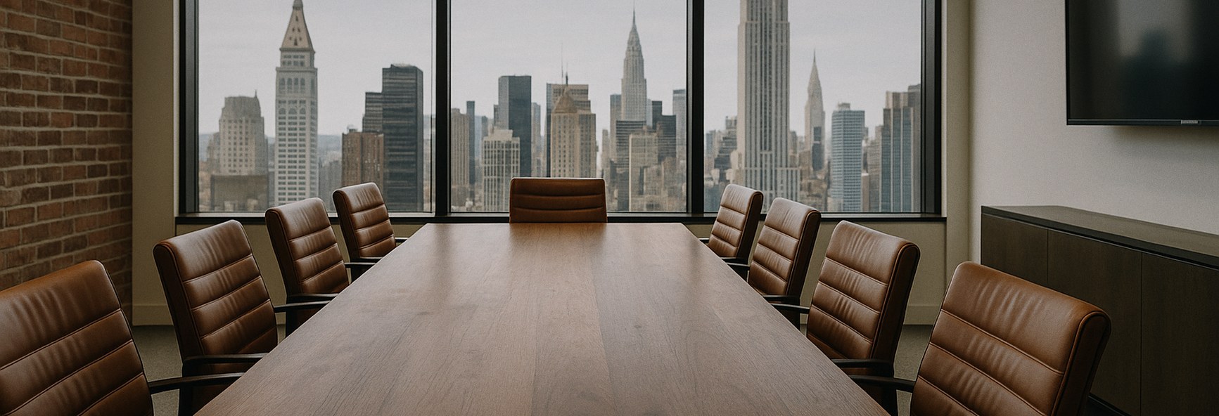a long walnut boardroom table with leather chairs, with New York towers through tall windows
