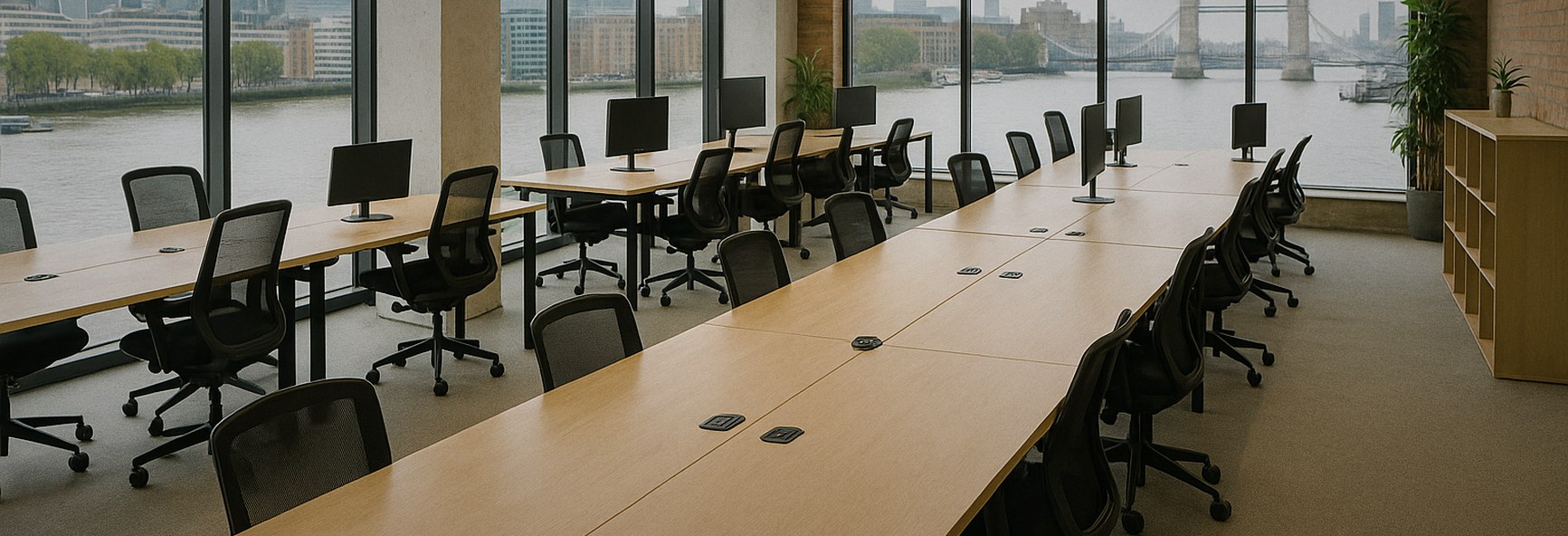 rows of shared desks ready for new teams in a London workspace, with the Thames outside