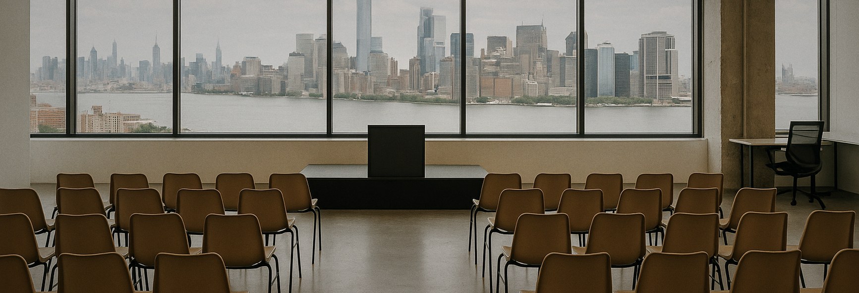 rows of chairs facing a small stage in an event space, with the Manhattan skyline outside