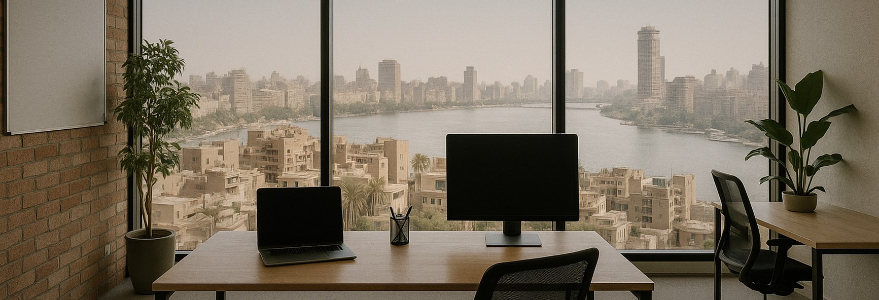 a modern office overlooking Cairo rooftops toward the Nile