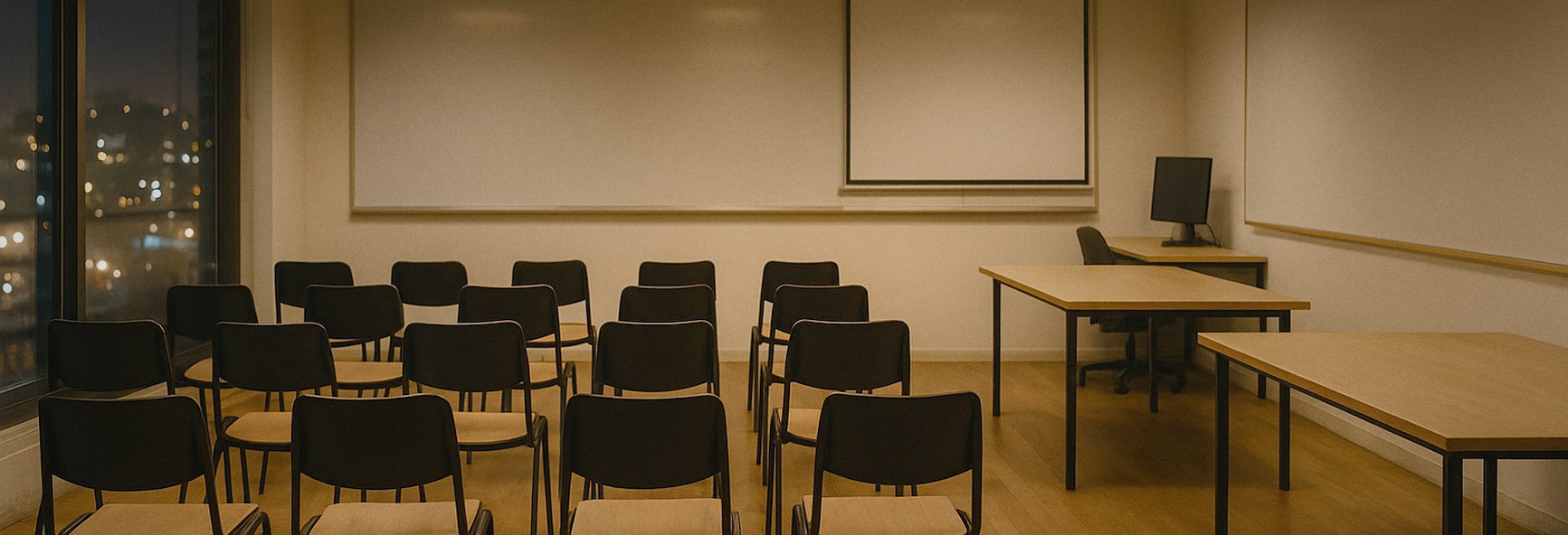 an evening classroom with rows of chairs under warm pendant lights, with city lights outside