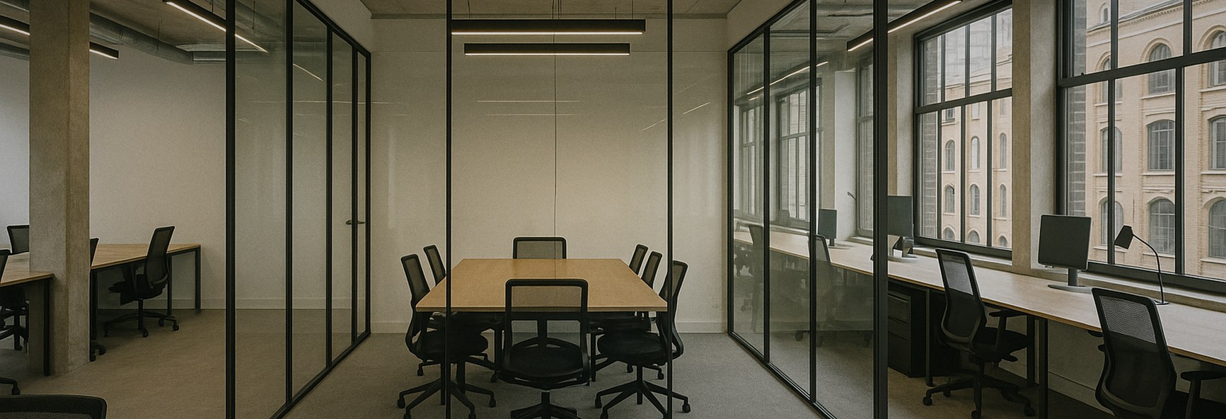 a glass meeting room inside a modern London venture studio, with long desks around it