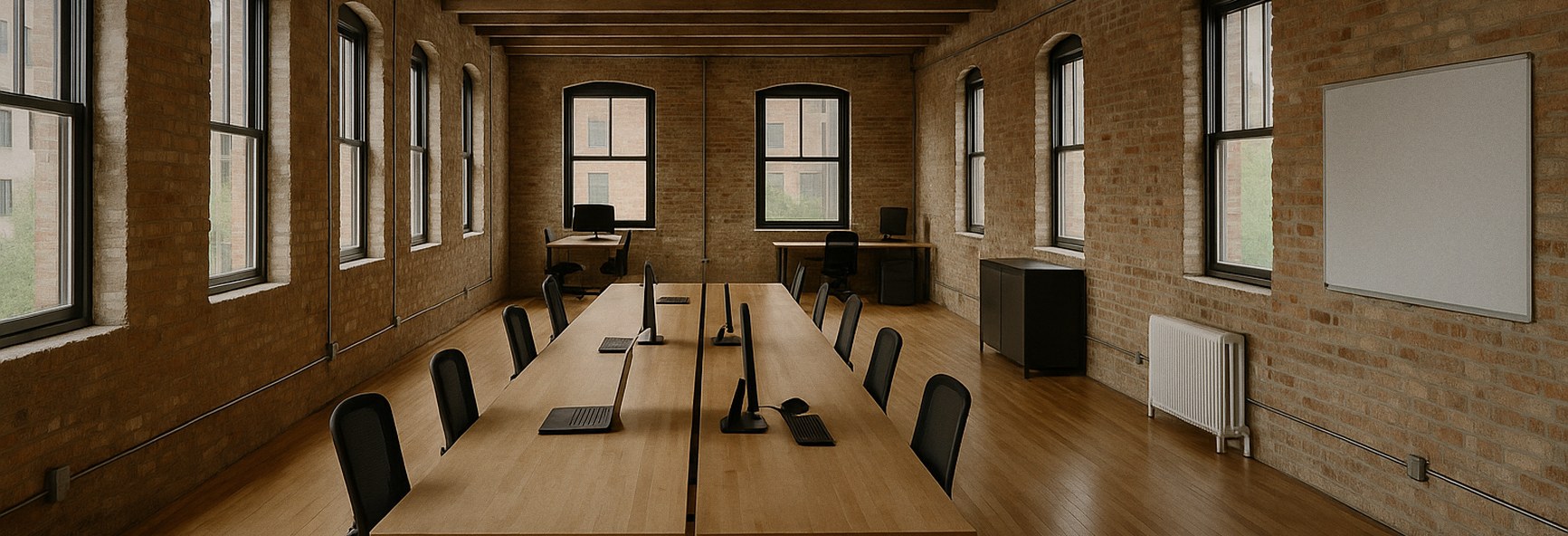 long desks in a converted brick warehouse office in Milwaukee, with Lake Michigan light