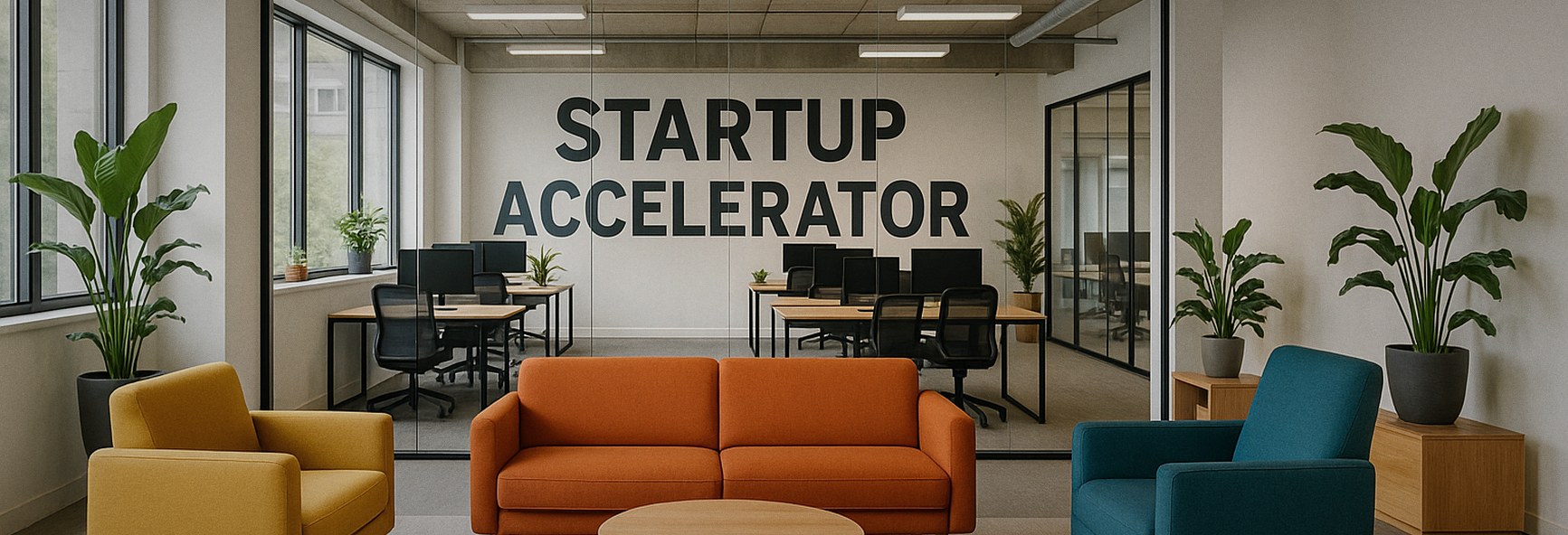 a bright modern tech office with colourful lounge seating and plants