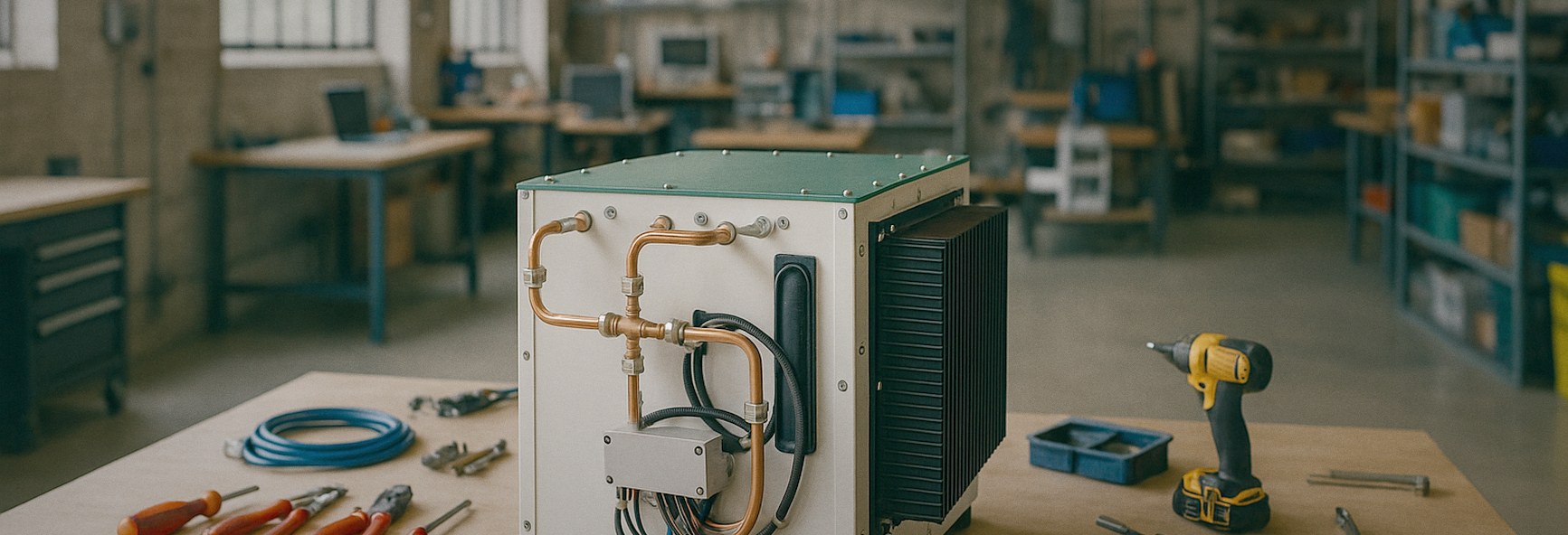 an energy hardware prototype on a test bench with tools in a large climate tech workshop