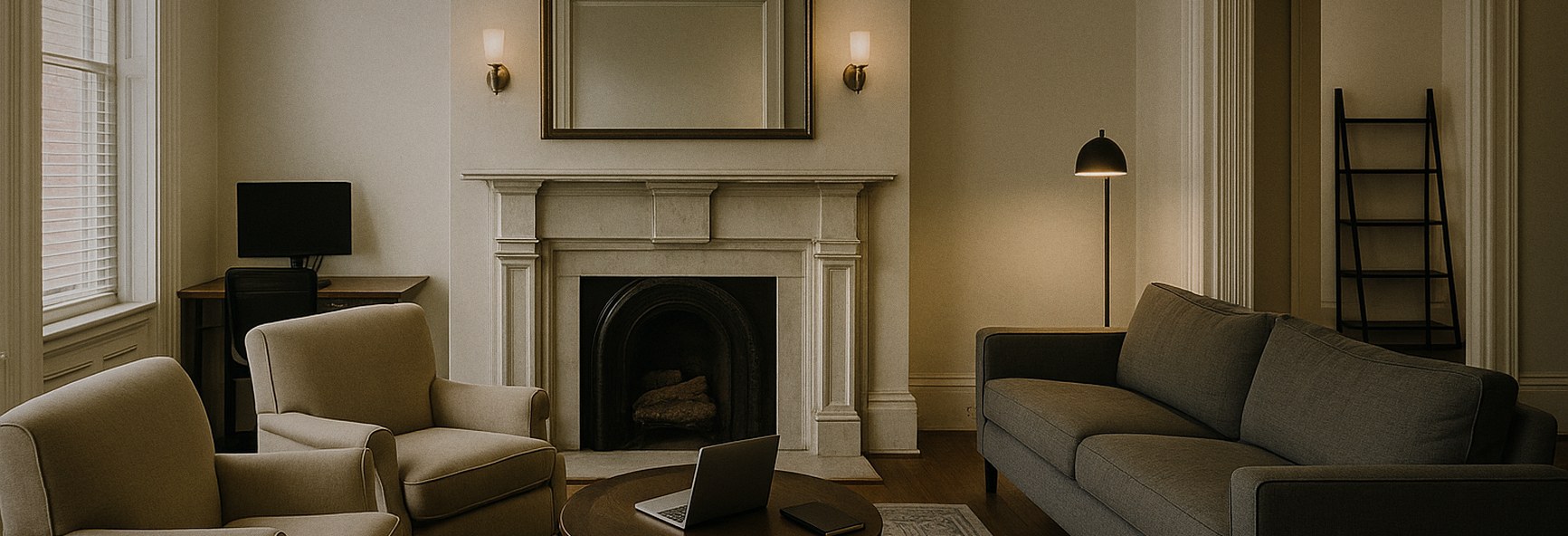 a historic Washington DC townhouse living room with a fireplace and armchairs