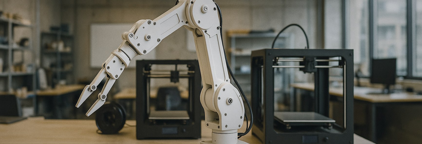 a robotic arm prototype and 3D printers on a workbench in a hardware lab