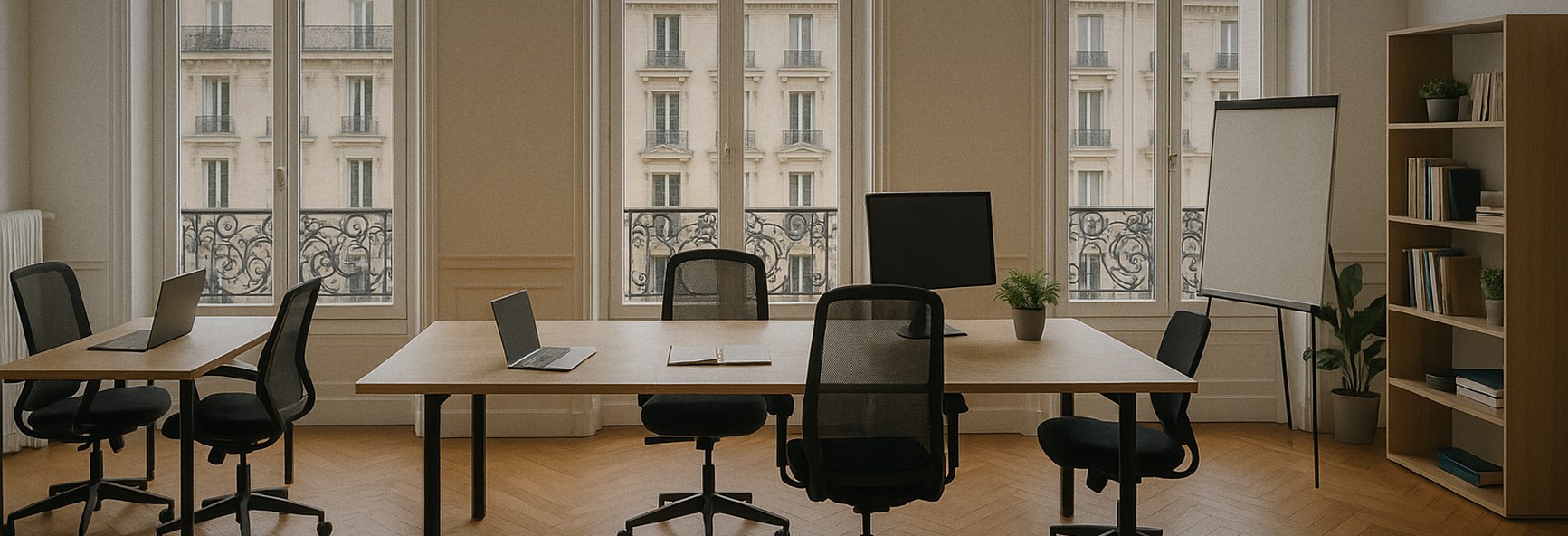 a bright Paris studio office with herringbone floors, facing Haussmann buildings