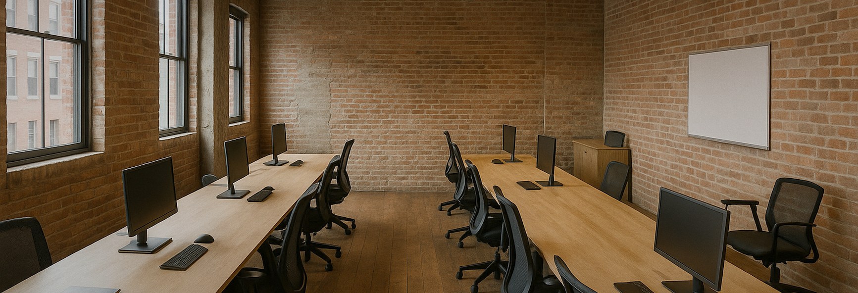 long desks and exposed brick in a modern Indianapolis studio office