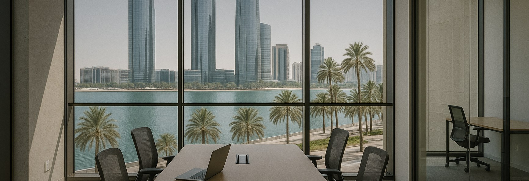 a sleek glass campus office, with Abu Dhabi waterfront towers and palm trees outside
